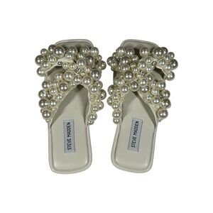 Steve Madden Pearl Embellished Square Toe Slide Sandals Cream Womens Size‎